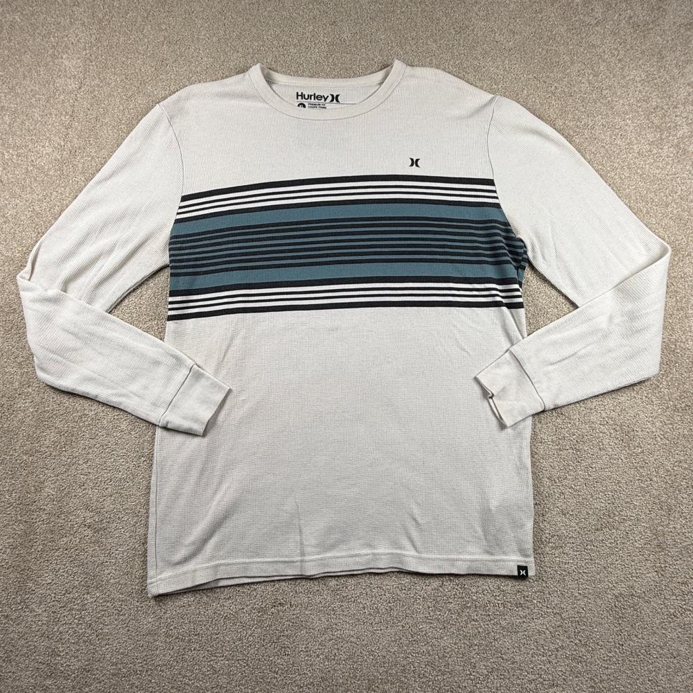 Hurley Mens XL Striped Waffle Knit Thermal Long‎ Sleeve Shirt Cream Blue Black